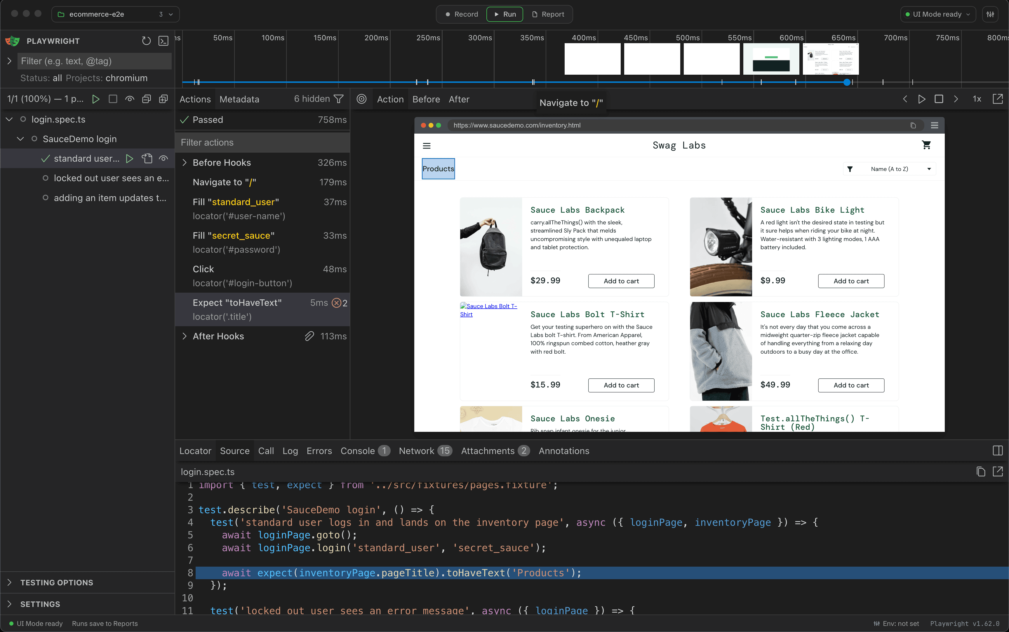 The Run destination hosting Playwright UI Mode with a passing login test selected, its action list and a page snapshot