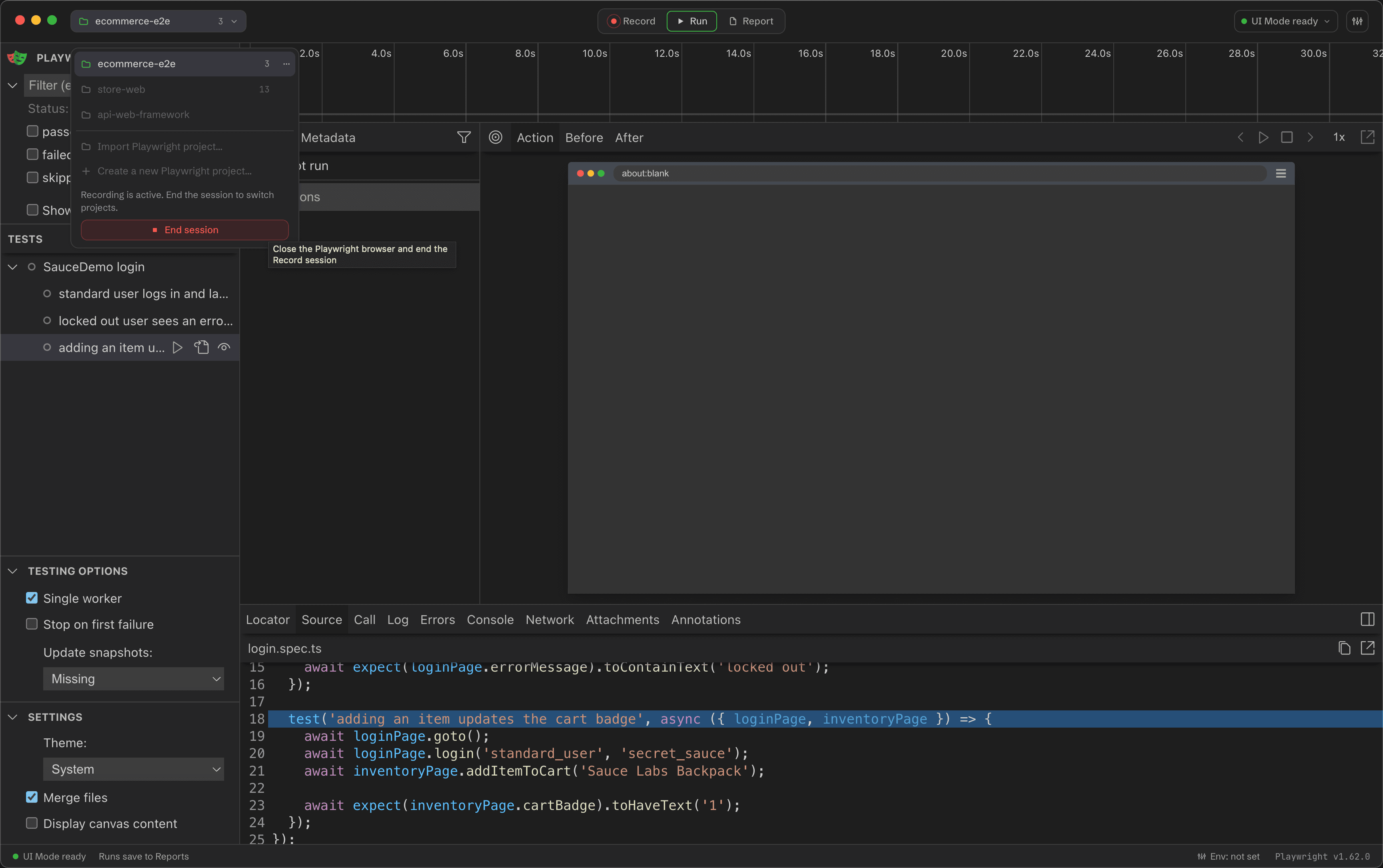 The project menu during an active Record session with other projects disabled, an explanation that recording is active and a fail-tinted End session action