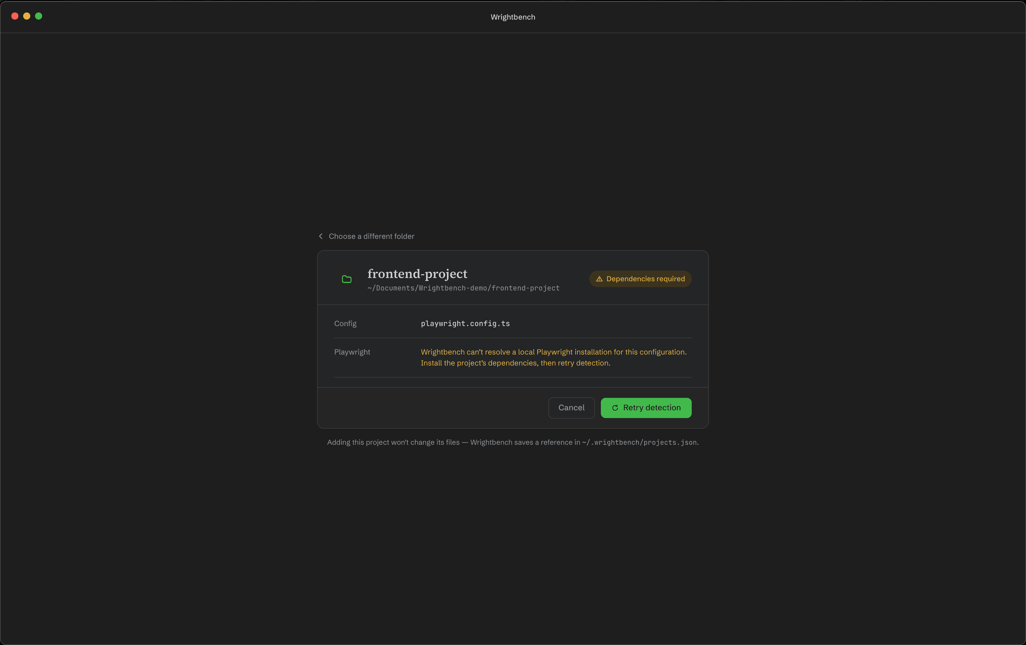 Wrightbench import flagging a project with Dependencies required because no local Playwright installation could be resolved, with a Retry detection button