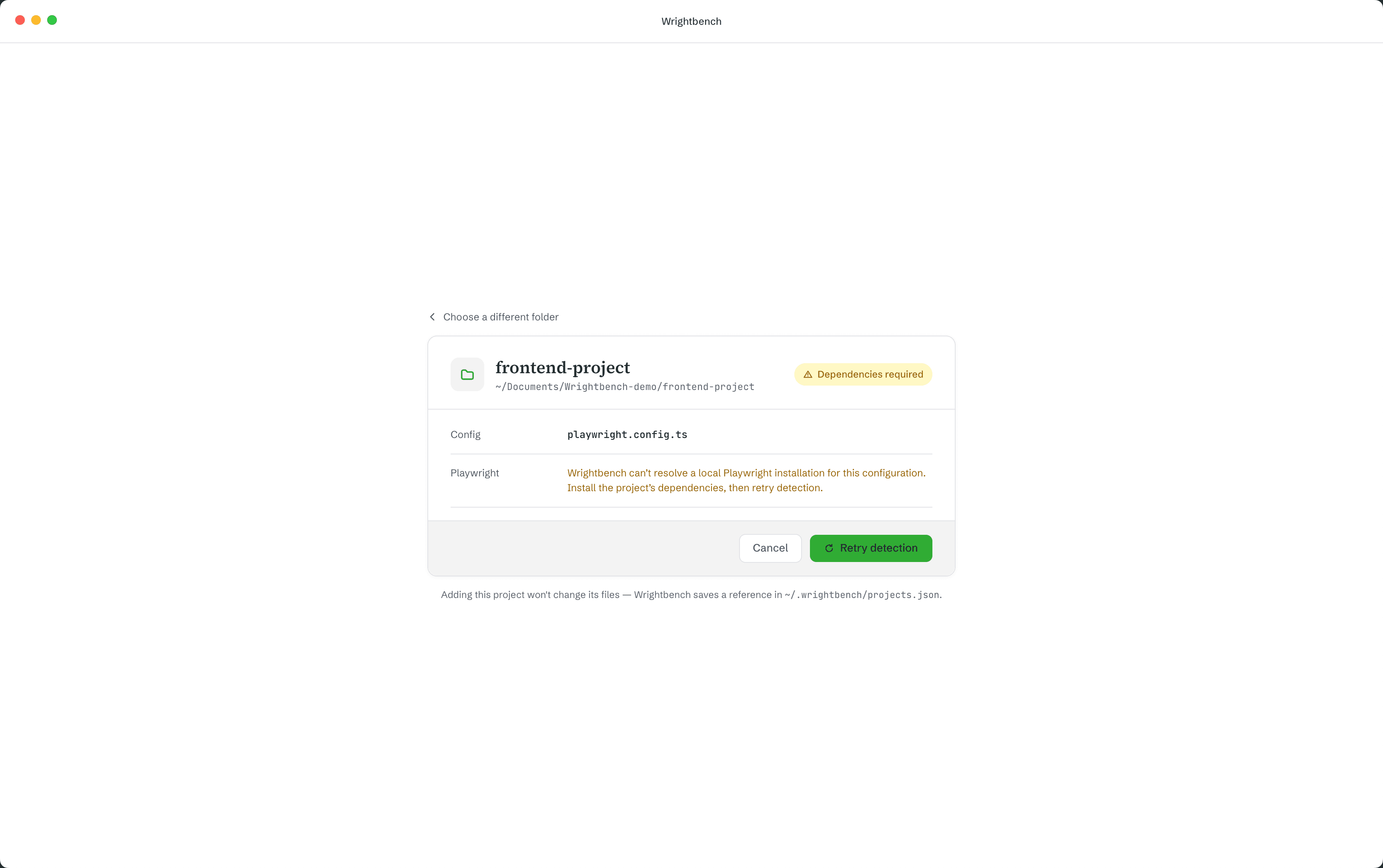 Wrightbench import flagging a project with Dependencies required because no local Playwright installation could be resolved, with a Retry detection button
