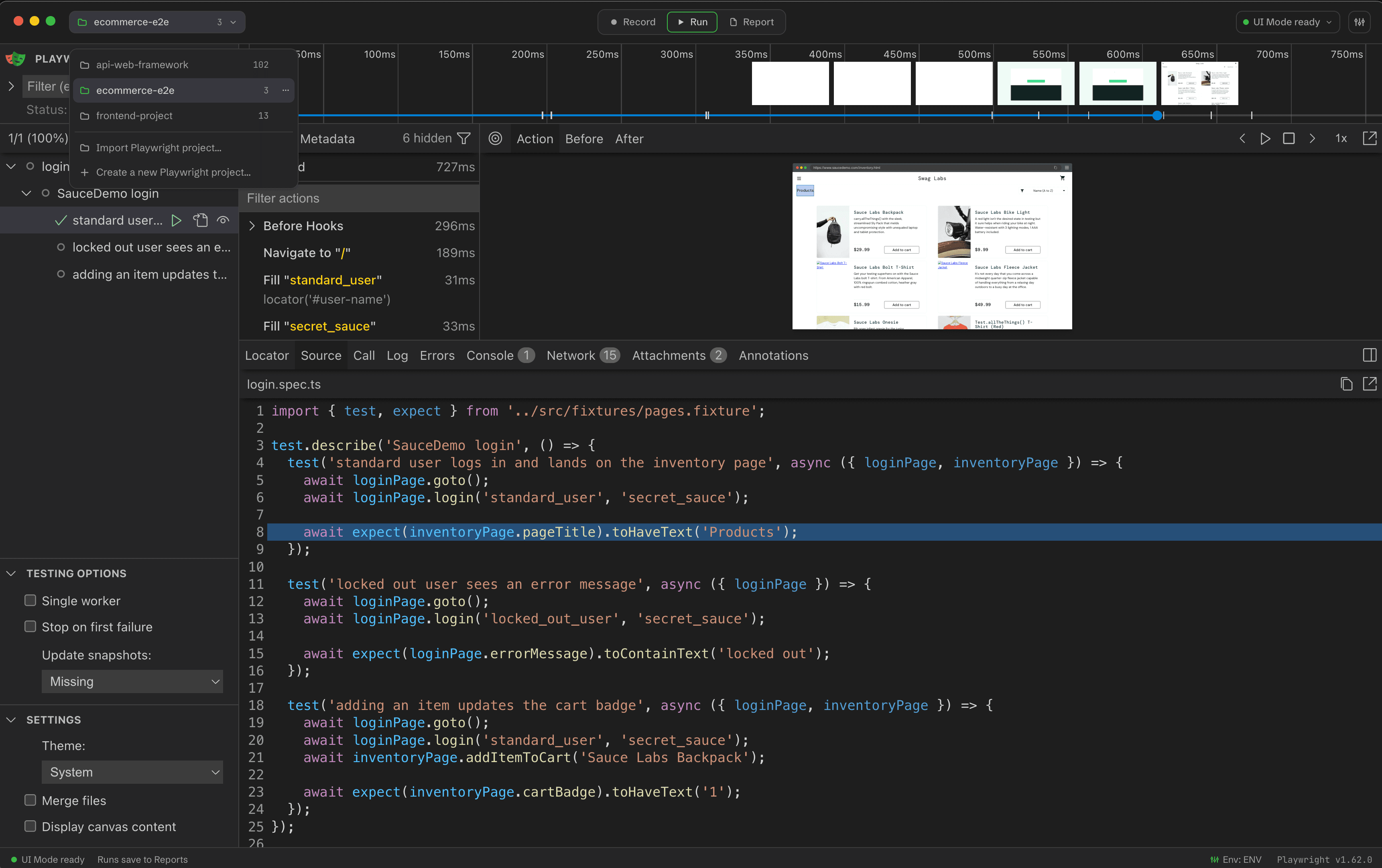 Wrightbench workspace with the project switcher listing three registered Playwright projects and an embedded UI Mode run showing a passing login spec