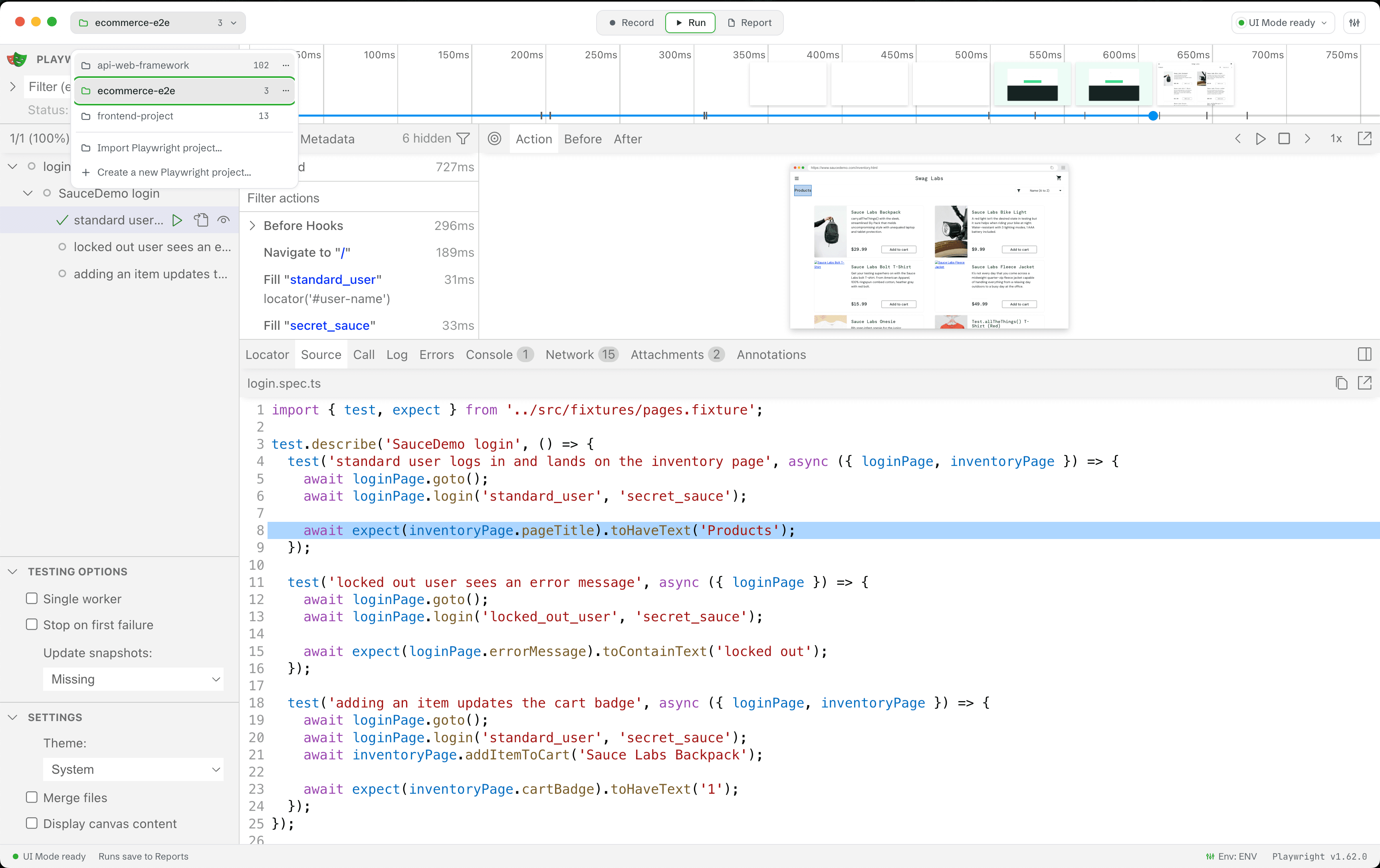 Wrightbench workspace with the project switcher listing three registered Playwright projects and an embedded UI Mode run showing a passing login spec