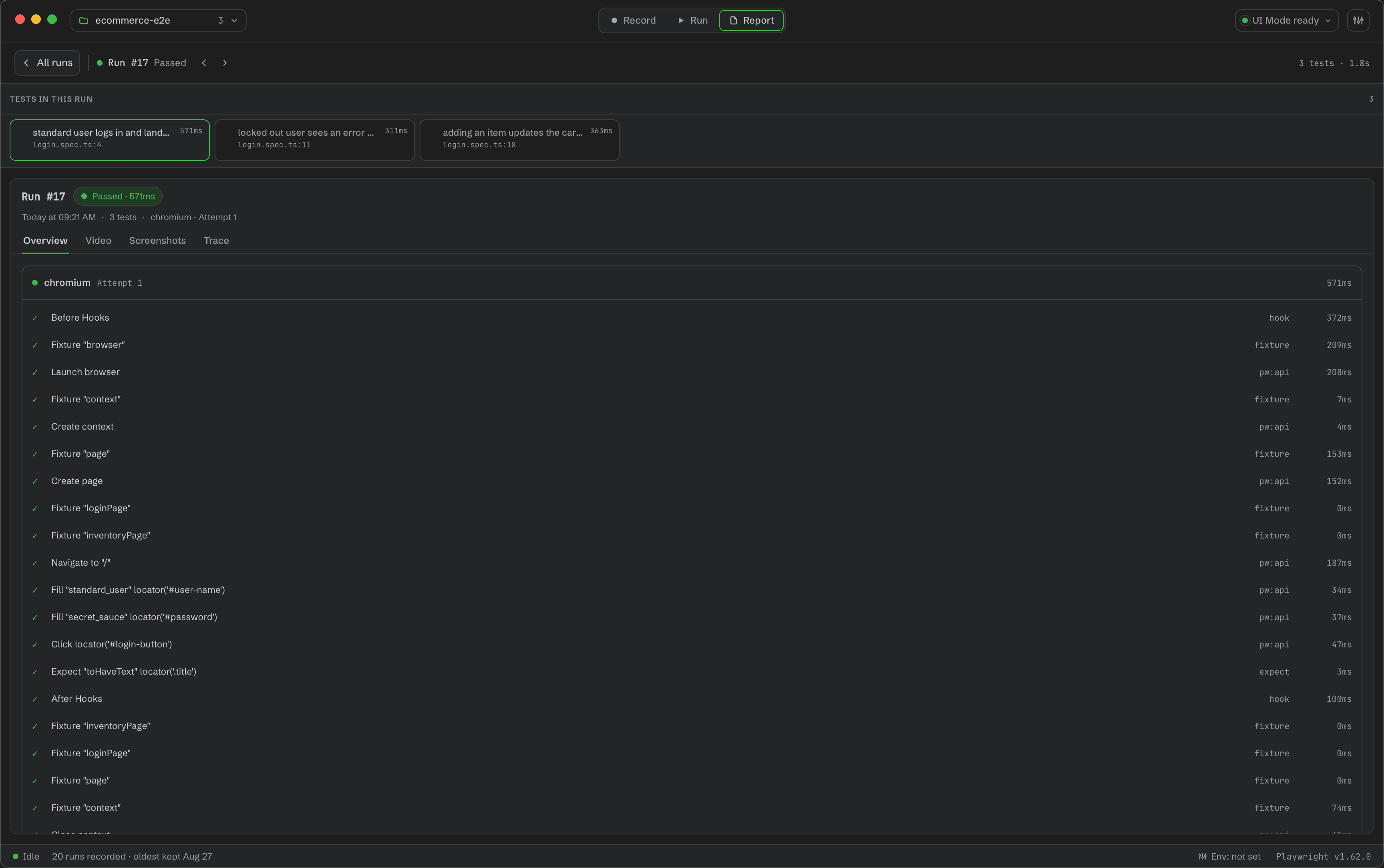 A recorded run opened in the Report destination with its tests, step-by-step overview and tabs for video, screenshots and trace