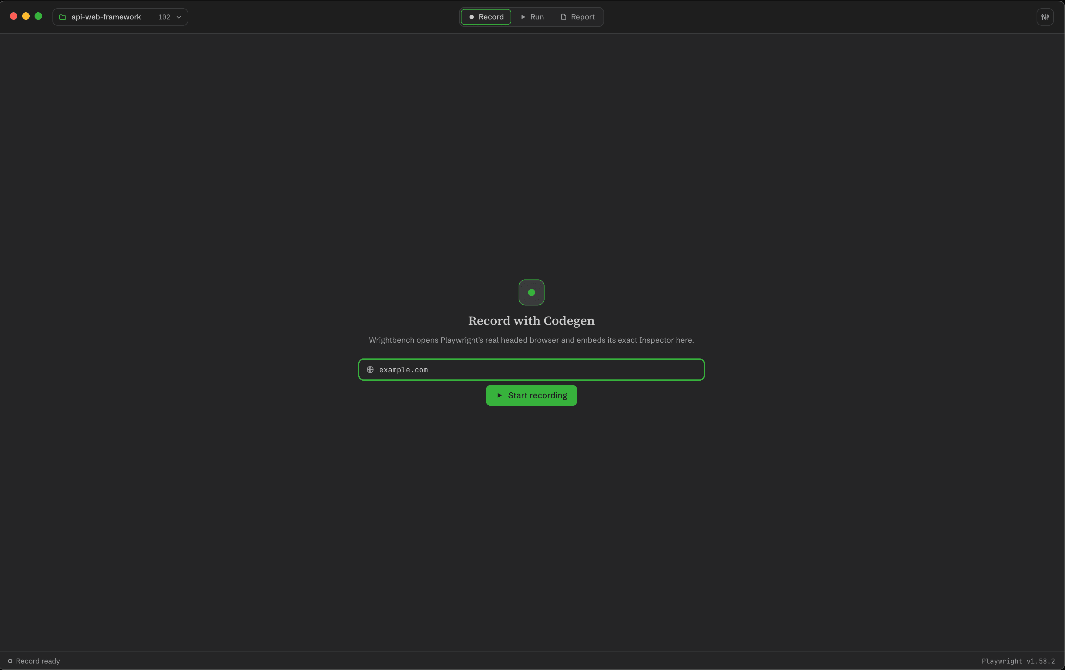 The Record destination before a session, with an initial URL field and a Start recording button