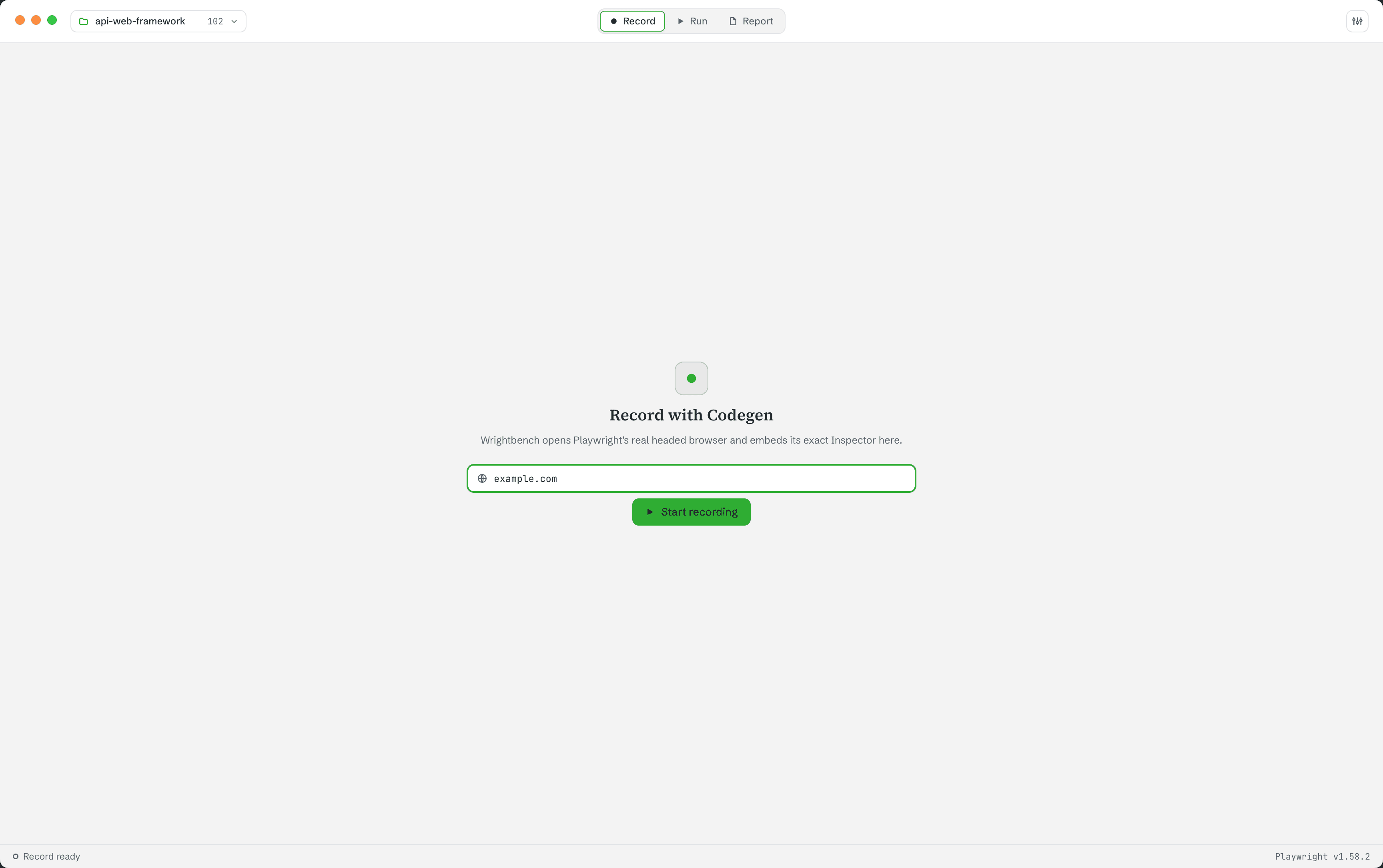 The Record destination before a session, with an initial URL field and a Start recording button