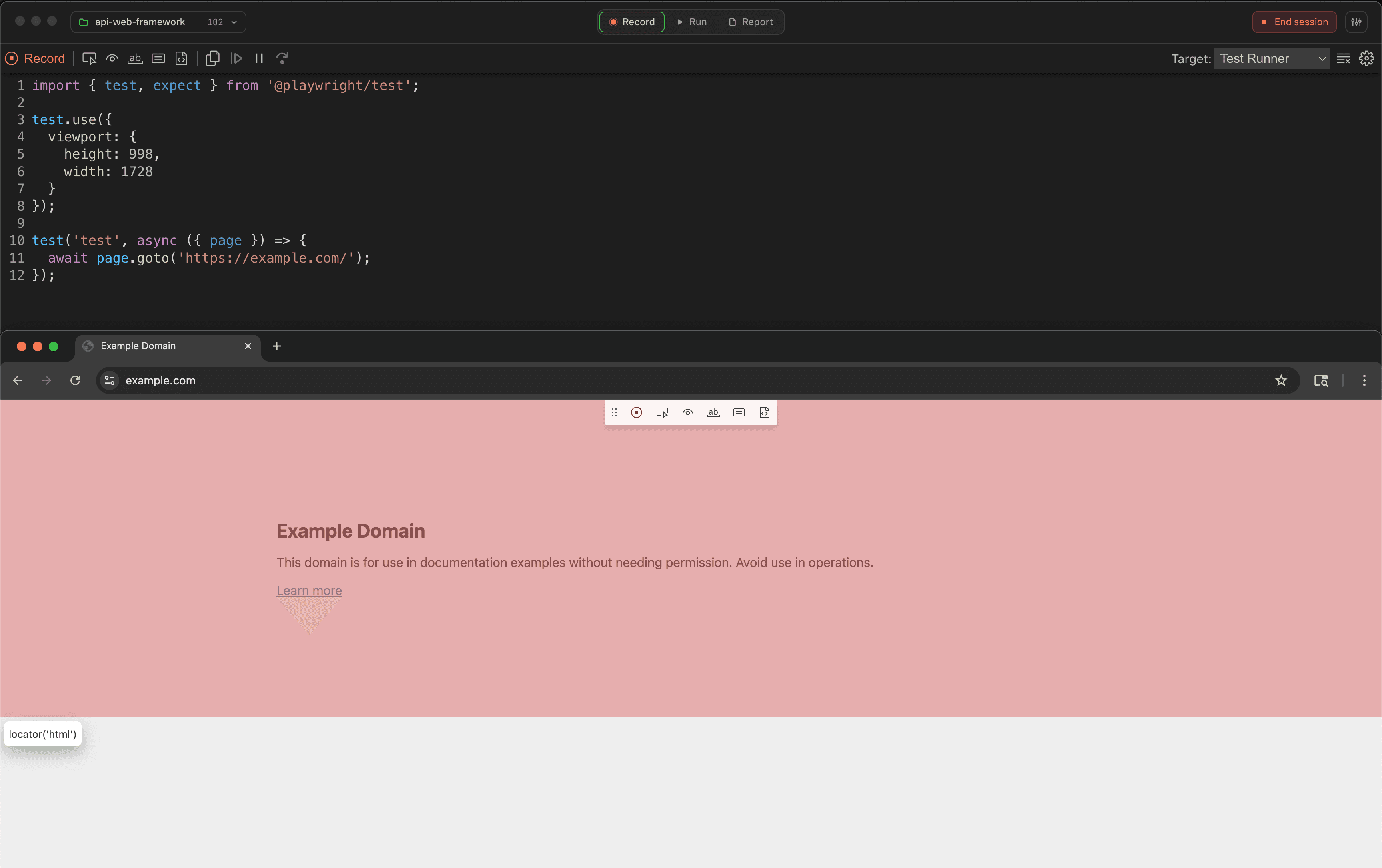 An active Record session with Playwright's Inspector generating test code inside Wrightbench, the headed browser recording example.com and an End session control in the titlebar