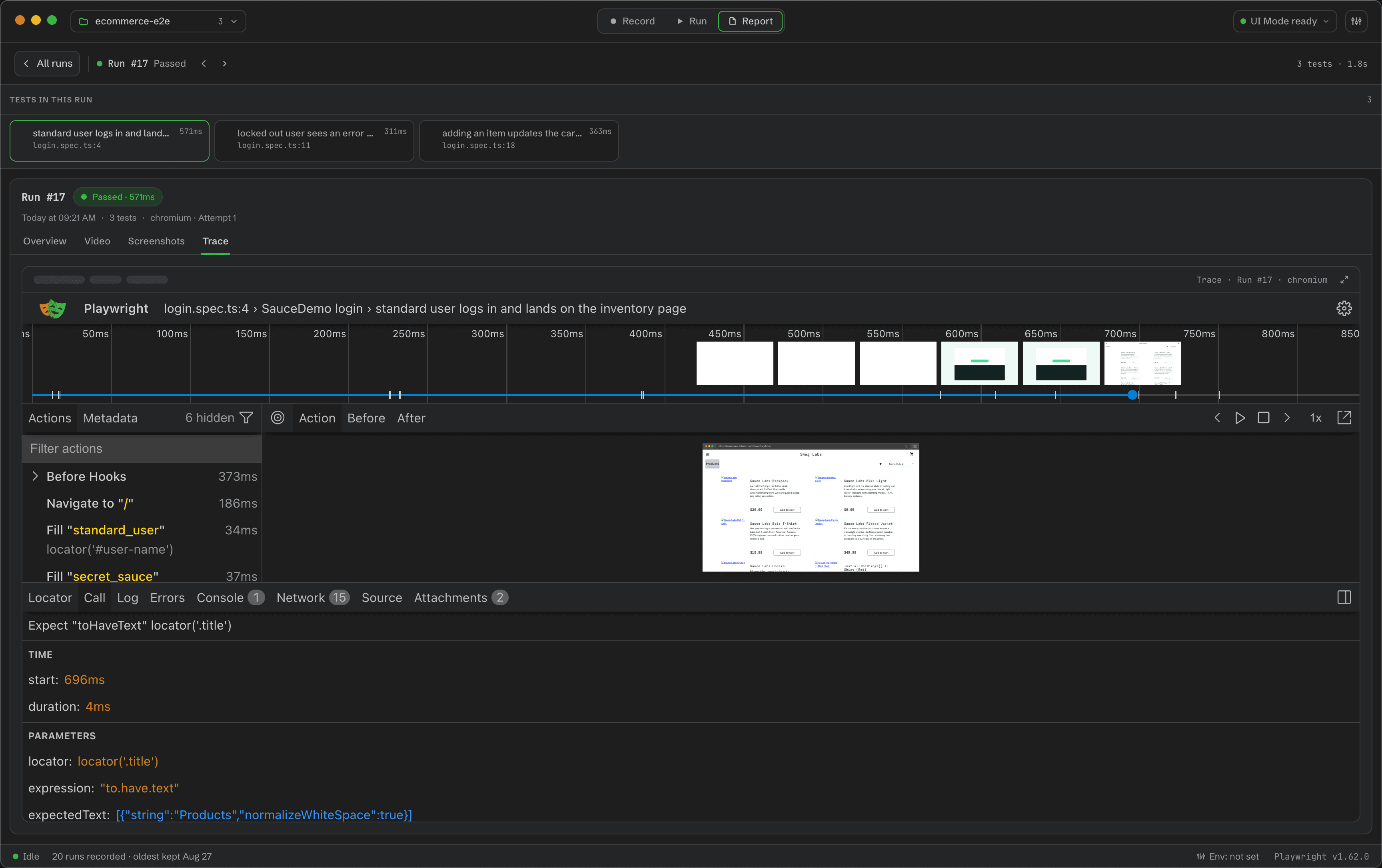 Playwright's native Trace Viewer embedded in the Report destination showing a run's timeline, film strip, action list and call details